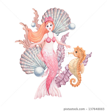 A mermaid in a coral crown and her seahorse against a backdrop of beautiful shells and seaweed 137648083