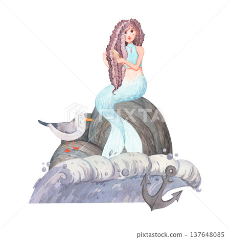 A watercolor illustration of a mermaid sitting and combing her curly, voluminous hair 137648085