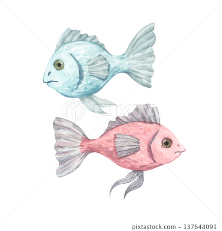 A watercolor illustration with cute fish 137648091