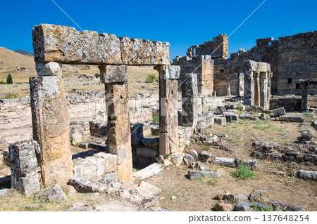 Ancient ruins in Hierapolis, Pamukkale, Turkey. Ancient ruins in Hierapolis, Pamukkale, Turkey. 137648254
