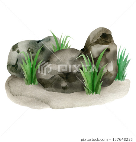Hand drawn watercolor illustration of grey stones and green grass tufts on a sandy base. The natural composition features organic textures and earthy tones, perfect for eco-friendly and garden designs 137648255