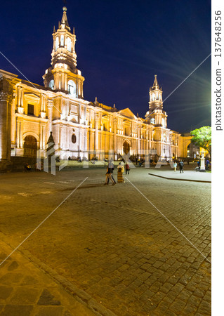 Arequipa, Peru: View of the Cathedral main church at the morning. Arequipa, Peru: View of the Cathedral main church at the morning. 137648256