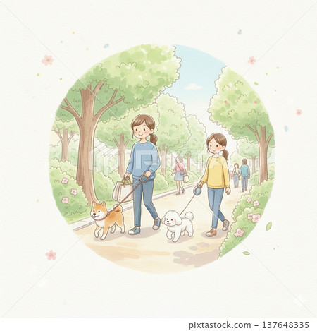 A couple walking their dog 137648335
