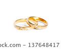 two golden wedding rings isolated on white, wedding rings background concept 137648417