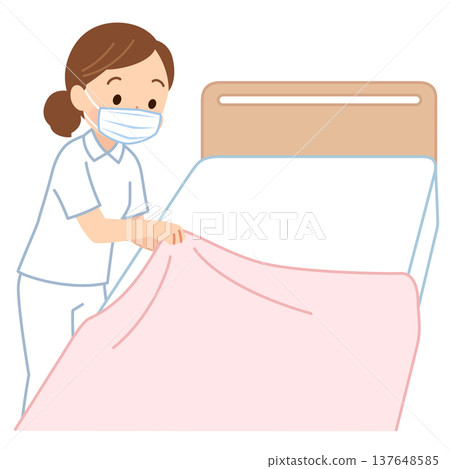 Female caregiver changing sheets, nurse, caregiver Female caregiver changing sheets, nurse, caregiver 137648585