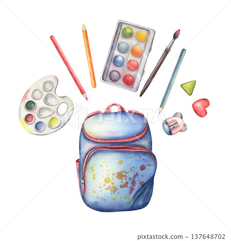 Blue backpack, paints, brush, pencils, palette, sharpener, eraser, heart. Hand-painted watercolor illustration isolated on white for school designs, art classes, kids workshops, posters, cards, decor 137648702