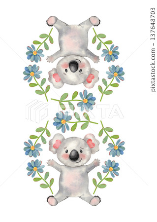 Cute koala with open arms and blue flat flowers in the shape of figure eight. Hand-painted watercolor illustration isolated on white for kids design, stickers, holiday decor, posters, greeting cards Cute koala with open arms and blue flat flowers in the shape of figure eight. Hand-painted watercolor illustration isolated on white for kids design, stickers, holiday decor, posters, greeting cards 137648703
