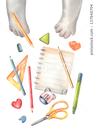 Hand-painted watercolor koala paws holding pencil with school supplies around, isolated on white background for posters, advertising of kids creative workshop, art classes, school designs, craft event Hand-painted watercolor koala paws holding pencil with school supplies around, isolated on white background for posters, advertising of kids creative workshop, art classes, school designs, craft event 137648704