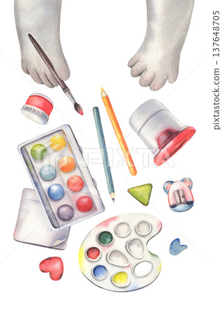 Hand-painted watercolor koala paws holding paintbrush with art materials, isolated on white background for posters, advertising of kids creative workshop, art classes, school designs, craft event 137648705