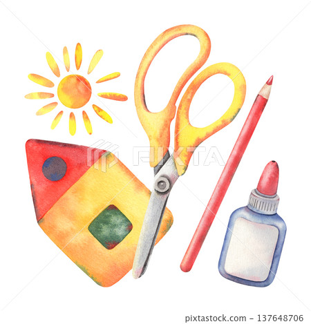 Hand-painted watercolor childlike drawing of house, sun with pencil, glue, scissors, isolated on white. Perfect for advertising kids creative workshops, art classes, school materials, posters, flyers 137648706
