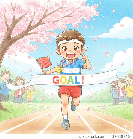 一個男孩在運動會上運行 137648740