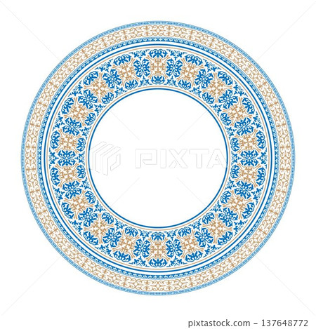 Oriental round porcelain plate with floral pattern. Golden blue plate. Vintage, ethnic Asia frame ornament Kazakh, Kyrgyz, Mongol. Pattern frame for round surface, ceramic, embroidery, plate. Vector 137648772