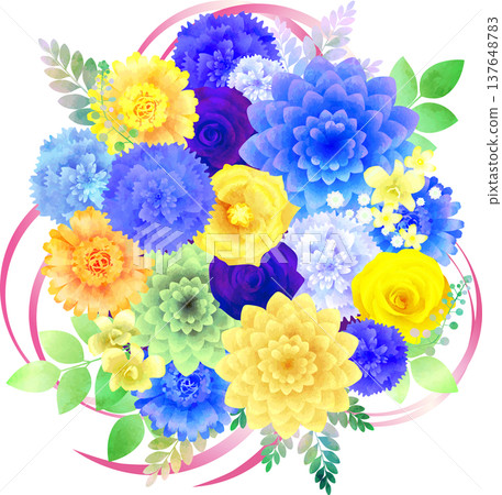 Flower bouquet - blue with yellow and pink ribbon Flower bouquet - blue with yellow and pink ribbon 137648783