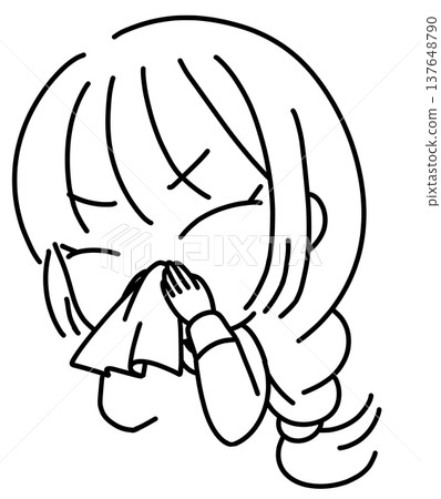 Line drawing illustration of a woman blowing her nose 137648790