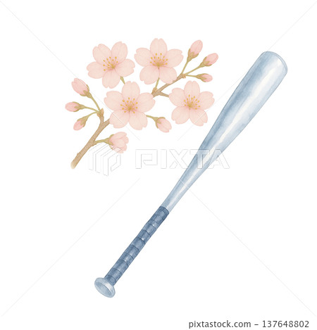 櫻花和金屬棒球棒的水彩插圖（棒球運動材料） 137648802