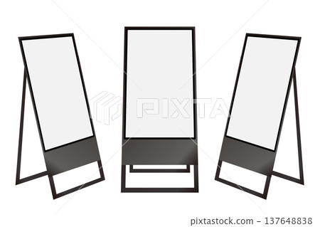 White background freestanding digital signage set | Front, right-facing, left-facing White background freestanding digital signage set | Front, right-facing, left-facing 137648838