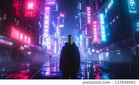 Person standing in neon cyberpunk city street at night 137648901