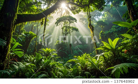 Sun rays shining through dense tropical rainforest canopy 137648902