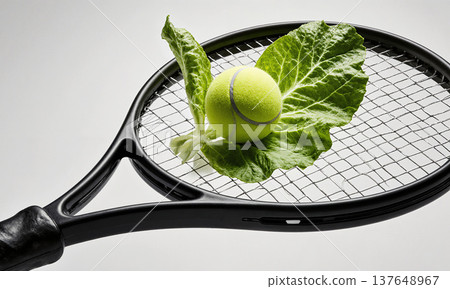 Lettuce tennis racket ball on fresh green leaf sits against a plain background for a healthy lifestyle or diet concept 137648967
