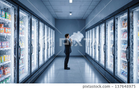 Supermarket businessman freezer standing in a cold grocery aisle smoking a cigar with a large cloud of smoke in a surreal scene 137648975