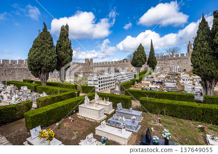 Santiago do Cacem, Portugal - Feb 26, 2026: Castle and Igreja Matriz cemetery in Santiago do Cacem, Alentejo, Portugal Santiago do Cacem, Portugal - Feb 26, 2026: Castle and Igreja Matriz cemetery in Santiago do Cacem, Alentejo, Portugal 137649055