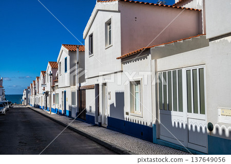 Porto Covo, Portugal - Feb 28, 2026: Traditional blue and white Alentejo Portuguese buildings in Porto Covo, Portugal Porto Covo, Portugal - Feb 28, 2026: Traditional blue and white Alentejo Portuguese buildings in Porto Covo, Portugal 137649056