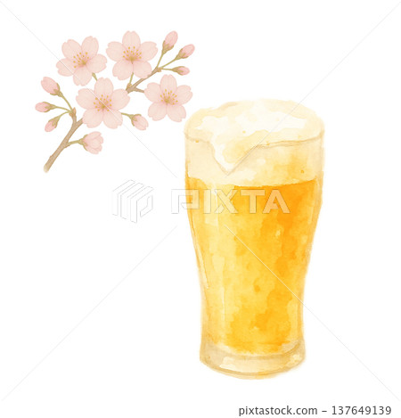 櫻花與啤酒杯的水彩插畫－春日祝酒主題 137649139