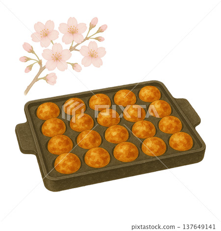櫻花和章魚燒盤的水彩插畫 - 美食攤主題 櫻花和章魚燒盤的水彩插畫 - 美食攤主題 137649141