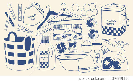 Hand drawn laundry collection with washing gel, laundry basket, clothespins, detergent pods. Mediterranean minimal blue line vector set for washing, home care branding, packaging and household design. 137649193