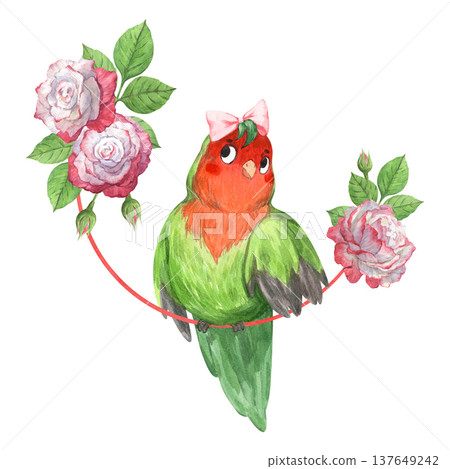 A sweet little parrot perches on a perch among roses 137649242
