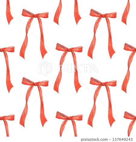 A seamless pattern featuring watercolor illustrations of orange satin ribbon bows 137649243