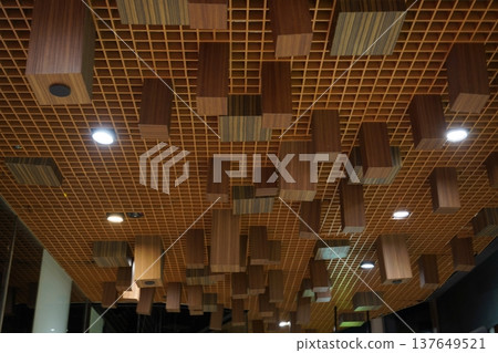 Modern Wooden Ceiling Design with Grids and Blocks Modern Wooden Ceiling Design with Grids and Blocks 137649521