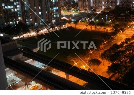 Night View of Singapore Apartment Buildings and Transport 137649555