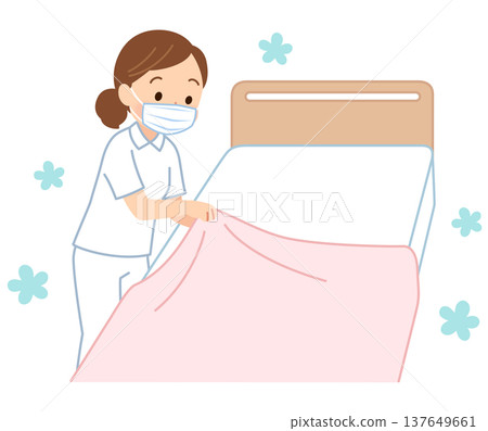 女性護理員正在更換床單,護士,護理員 女性護理員正在更換床單,護士,護理員 137649661