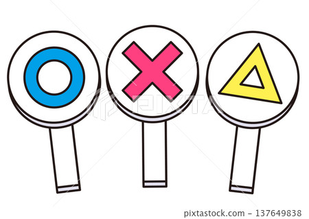 A set of simple handheld panels in the shapes of circles, crosses, and triangles. 137649838