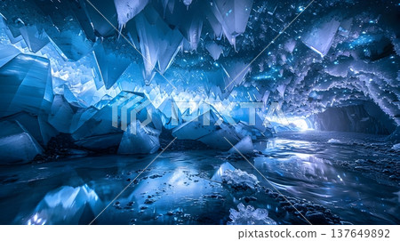 A gigantic ice cave filled with magically glowing blue crystals and a frozen underground river. 137649892