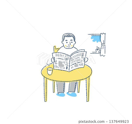 Senior man reading a newspaper at a table 137649923