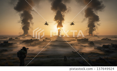 Post-Strike Battlefield with Smoke Columns and Helicopters at Sunrise 137649924