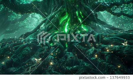 仙子們聚集在世界樹尤克特拉希爾巨大的樹根和閃閃發光的樹液周圍。 137649933