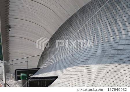 Modern Architectural Design with Curved Wooden Panels 137649982