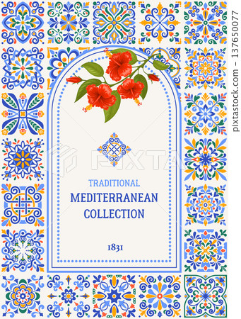 Label Template With Arch Frame And Azulejo Mosaic Tile Pattern 137650077