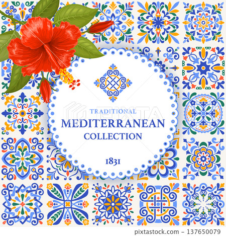 Square Label Template With Azulejo Mosaic Tile Pattern 137650079