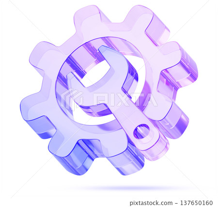 Hologram glass gear with wrench 3d icon. Maintenance, repair, adjustment or engineering. UI design element with blue purple gradient. Modern mechanic logo, car service, warning sign. 3D illustration Hologram glass gear with wrench 3d icon. Maintenance, repair, adjustment or engineering. UI design element with blue purple gradient. Modern mechanic logo, car service, warning sign. 3D illustration 137650160