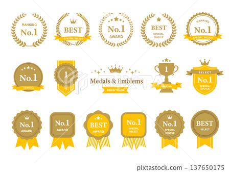 一套用於授予等級獎勵的獎章和徽章，金黃色。 137650175