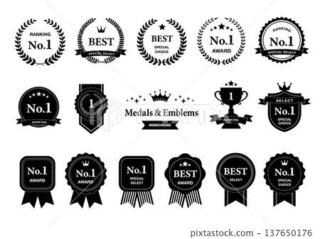 A set of medals and emblems for ranking awards, featuring a monochrome silhouette. A set of medals and emblems for ranking awards, featuring a monochrome silhouette. 137650176