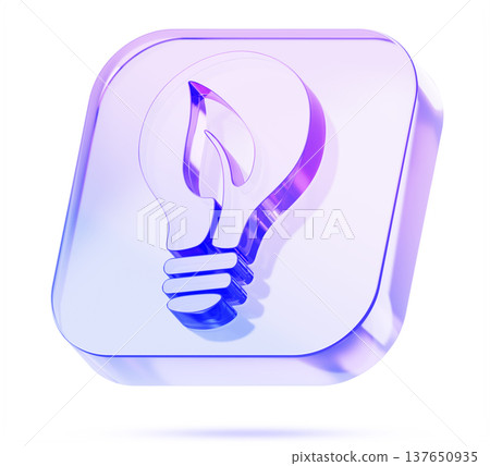 Holographic glass light bulb with leaf 3d icon render. Save energy square badge, eco conservation, green technologies, sustainable development. Purple transparent energy saving lamp. 3D illustration Holographic glass light bulb with leaf 3d icon render. Save energy square badge, eco conservation, green technologies, sustainable development. Purple transparent energy saving lamp. 3D illustration 137650935
