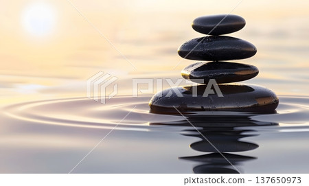 The balance of the black Zen stone reflected on the water's surface – mental stability and mindfulness The balance of the black Zen stone reflected on the water's surface – mental stability and mindfulness 137650973