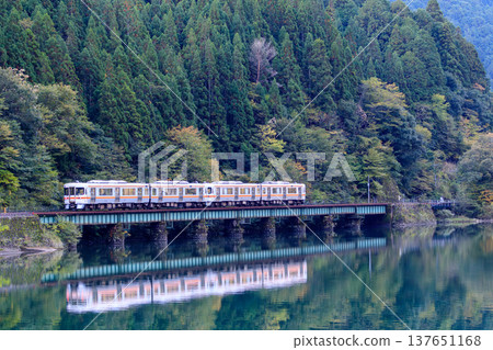 The Takayama Main Line, reflected in the waters of Shimohara Dam, amidst the deep green of autumn leaves that we eagerly await (Part 1) 137651168