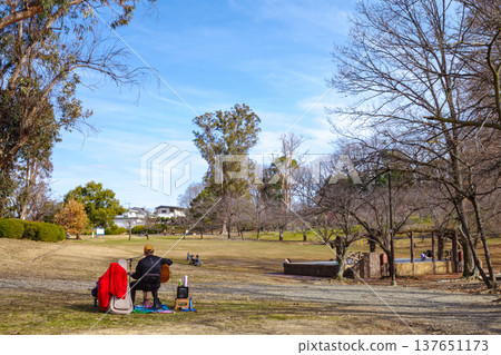 A street musician performs a live acoustic set in a park on a clear winter day. A street musician performs a live acoustic set in a park on a clear winter day. 137651173