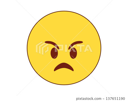 Angry yellow emoji face flat icon with furrowed brows and downturned mouth 137651190